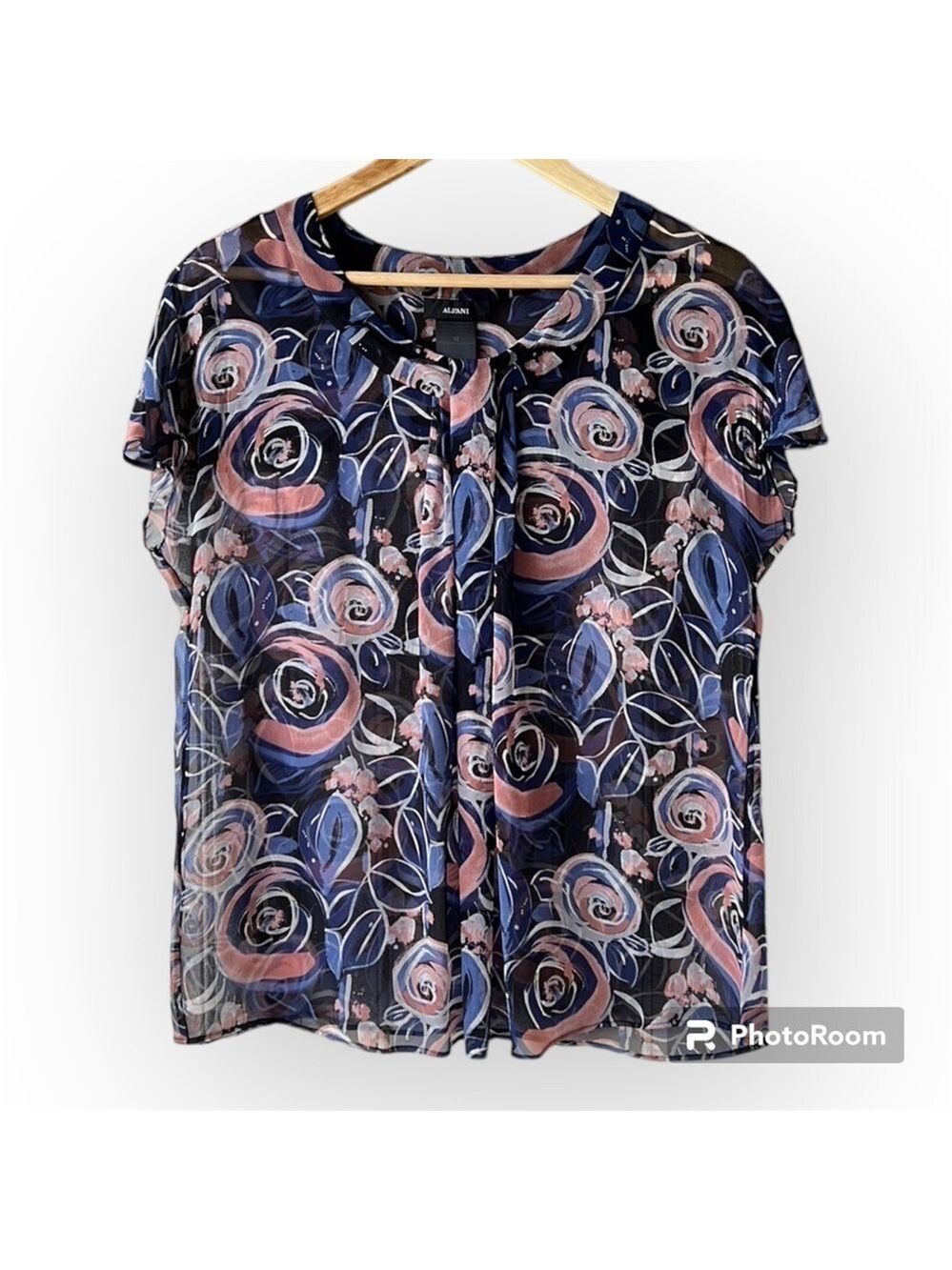ALFANI Black Silk Abstract Floral Print Sheer Capped Sleeve Blouse Size 12